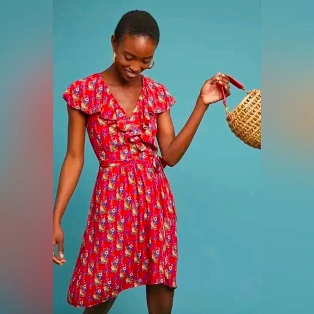 Anthropologie MAEVE Rosalia Red Floral Print Ruffle Faux Wrap Dress SZ 4